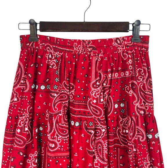VINTAGE VRG SPORT Red Paisley Bandana Print Tiered Maxi Skirt Elastic Waist MED - Picture 8 of 12